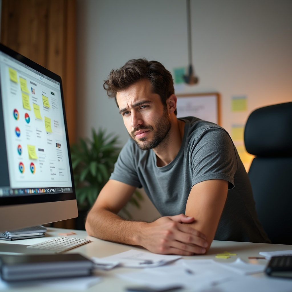 Freelancer přemožený množstvím zakázek u pracovního stolu